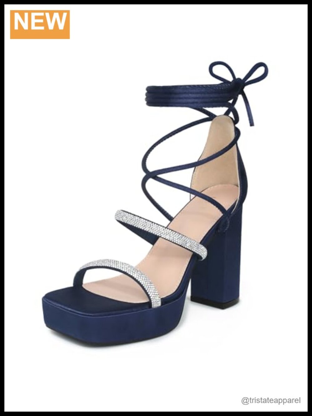 Rhinestone Platform Lace Up Chunky Heels Sandals Square Toe Satin Women